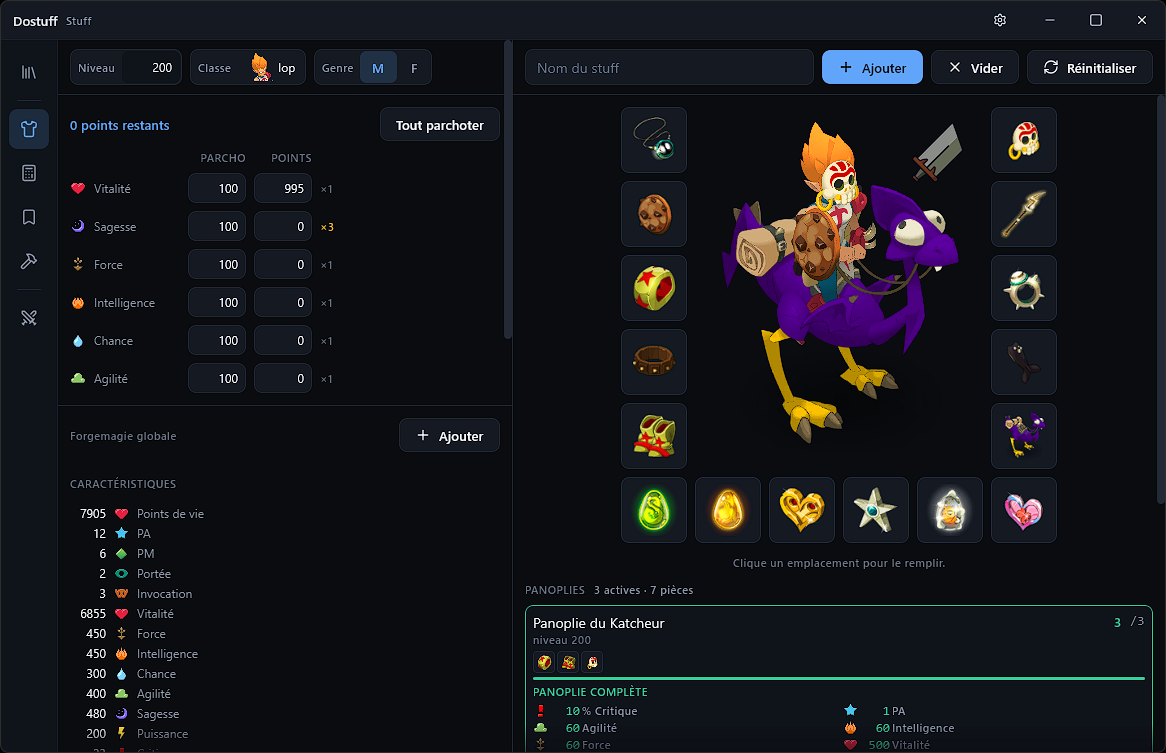 La fenêtre de Dostuff sur la page Stuff : à gauche les points de caractéristique et la feuille du personnage, au centre le personnage équipé entouré de ses seize emplacements, en dessous les panoplies actives.